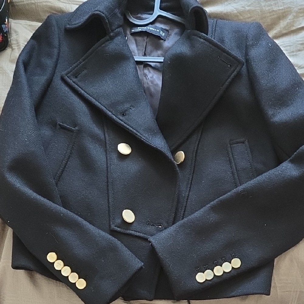 Zara Women Black Peacoat with Gold Buttons